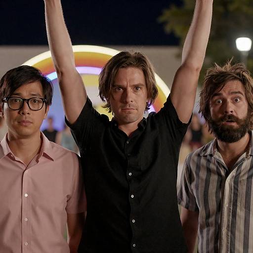 Three Men in Neon Nighttime Setting