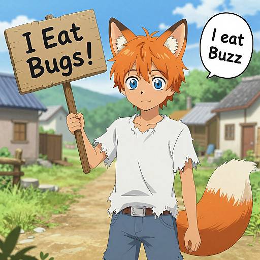 Digital anime-style drawing of a young fox-boy with orange hair, blue eyes, and a fluffy tail, holding a sign reading 