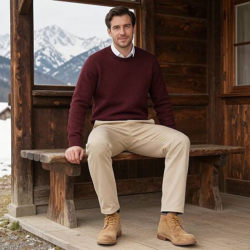 Photograph of a smiling man with short dark hair, wearing a maroon sweater, white shirt, beige pants, and brown boots, sitting on a