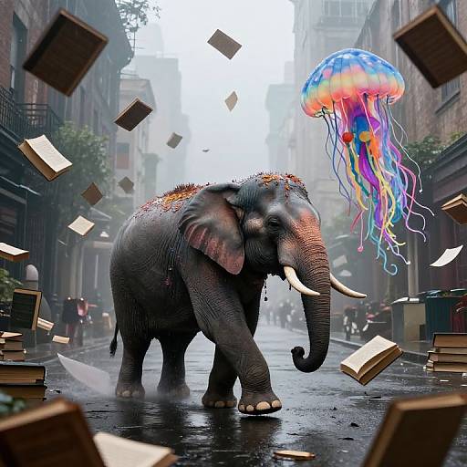 Photograph-style digital artwork of a gray elephant with colorful jellyfish on head, walking down a foggy, book-filled city street.