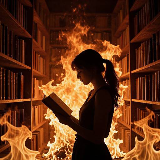Silhouetted woman with ponytail reading book against bright, fiery background of library bookshelves. Photograph, dramatic, contrasted lighting, flames