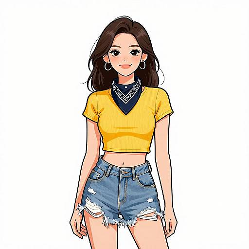 Digital illustration of a smiling woman with long brown hair, wearing a yellow crop top, blue denim shorts with frayed edges, black bandana, and