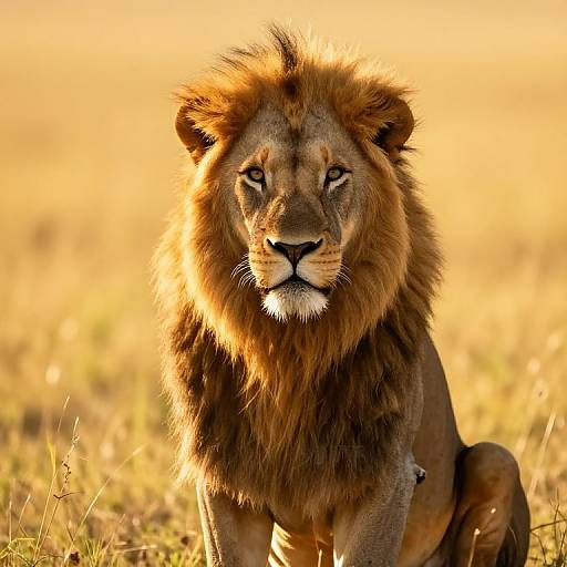 Photograph of a majestic male lion with a thick, golden mane, sitting in a sunlit, golden grassy savannah, staring intensely forward.