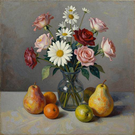 Realistic oil painting of a glass vase with pink and white roses, daisies, surrounded by pears, oranges, and a green apple.