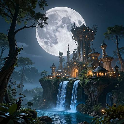 Fantasy digital painting: enchanted castle with glowing windows, surrounded by a luminous full moon, cascading waterfall, and lush forest.