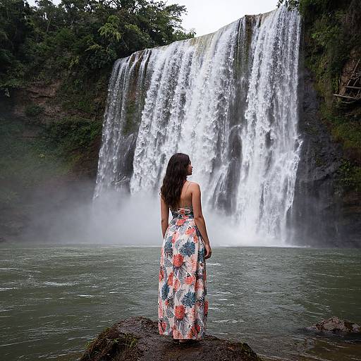 Photograph of a woman with long dark hair in a floral dress, standing on a rock, gazing at a powerful waterfall.