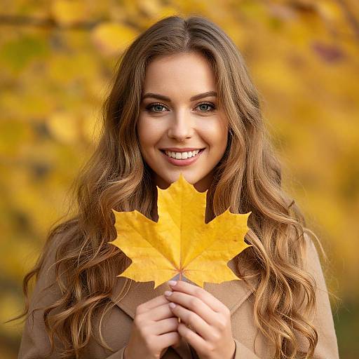 Photograph of a smiling young woman with long, wavy brown hair holding three bright yellow autumn leaves against a blurred yellow and orange leafy background.
