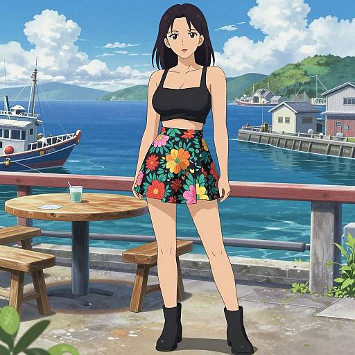 Anime-style digital drawing of a black-haired woman in a black crop top and floral skirt, standing by a seaside café. Blue ocean, boats, and
