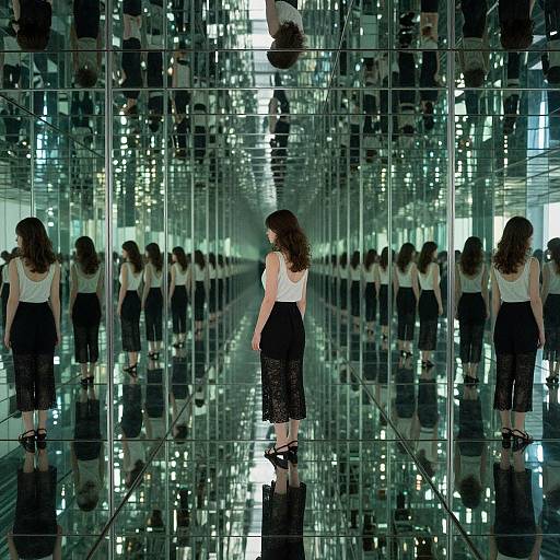 Photograph of a woman with curly brown hair, white sleeveless top, black skirt, standing in a mirrored hallway, reflections creating a symmetrical,