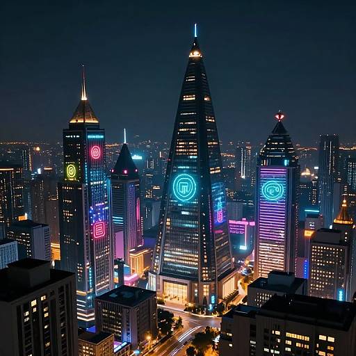 Nighttime photograph of a city skyline featuring illuminated skyscrapers with neon blue, pink, and yellow circular lights against a dark sky.