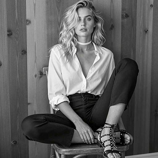 Blonde Woman in Monochrome Sitting on Chair