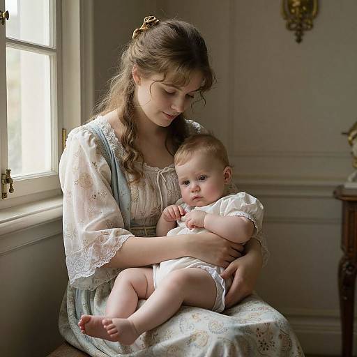 Photograph of a serene mother with wavy brown hair, wearing a white, floral-patterned dress, gently holding her chubby, dressed baby near a