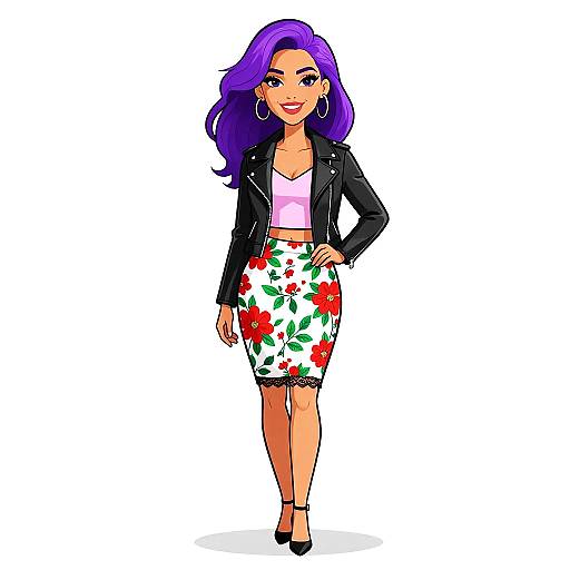 Digital illustration of a confident woman with purple hair, wearing a black leather jacket, white floral skirt, pink top, and black heels.