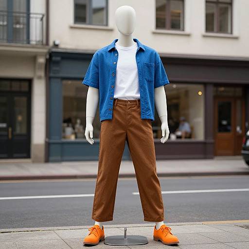 Photograph of a faceless mannequin in a blue denim shirt, white t-shirt, brown pants, and bright orange sneakers, standing on a