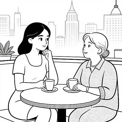 Black-and-white digital drawing of two women, one with dark hair, one with short hair, sitting at a café table, chatting, with a city