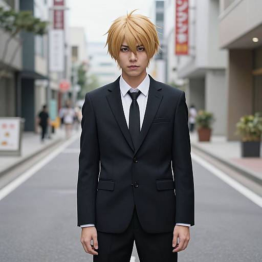 Photorealistic digital art: Young man with blonde shaggy hair, black suit, white shirt, black tie, standing in a blurred urban street
