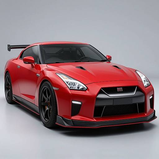 Photograph of a sleek, bright red Ford Mustang with black accents, large rear spoiler, black wheels, and aggressive headlights on a white background.