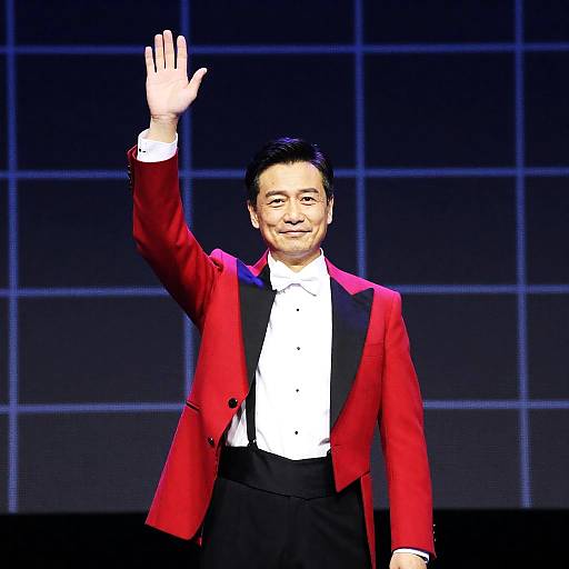 Confident Man in Red Tuxedo on Stage