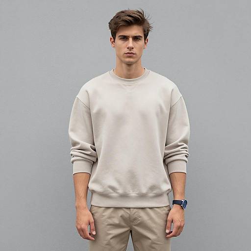 Young man in beige sweatshirt standing against grey wall