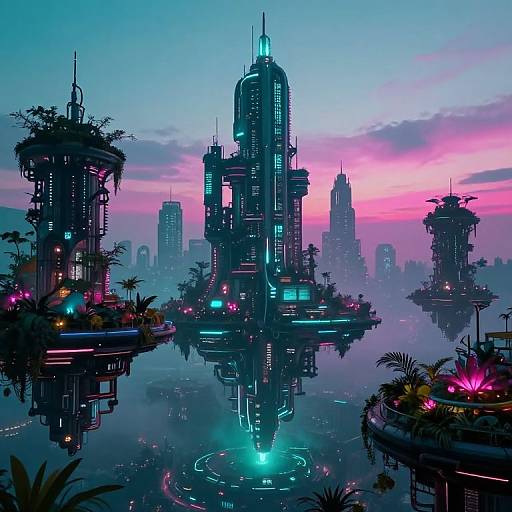 Digital art of a neon-lit, futuristic cityscape at dusk, featuring floating, high-tech skyscrapers with glowing blue and pink lights, surrounded
