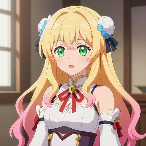 Anime-style digital drawing of a blonde girl with green eyes, pink-tipped hair, wearing a white dress with red ribbon and white gloves, set in