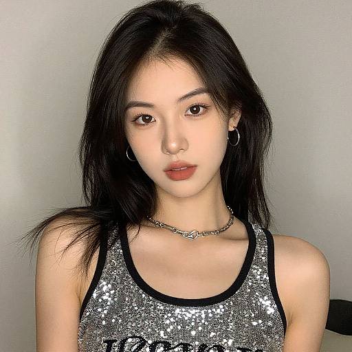 Photograph of an Asian woman with long black hair, wearing a sequined silver tank top, hoop earrings, and a chain necklace, against a plain
