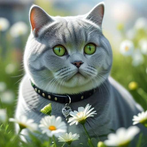 Realistic British Shorthair Cat Among Flowers