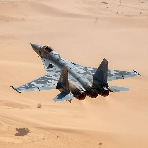 Photograph of a camouflaged F-16 jet fighter soaring against a peach-colored sky with scattered clouds, showing its detailed wings and engines.