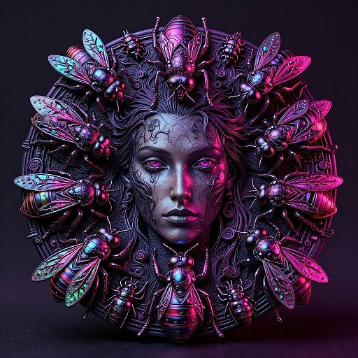 Digital artwork of a face adorned with glowing, neon-colored insects, surrounded by intricate patterns, in vivid pink, blue, and purple hues.