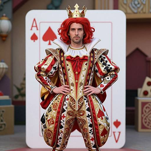 Photograph of a man with red curly hair, wearing a gold and red ornate king costume, white ruffle collar, and crown, standing in