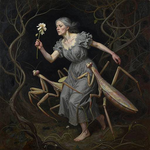 Digital painting of a gray-haired woman in a gray dress, holding a daisy, with insect-like legs and antennae, surrounded by dark, twisted