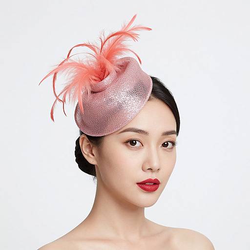 Photograph of an Asian woman with fair skin, black hair in a bun, wearing a pink mesh fascinator with red feathers, and red lipstick,