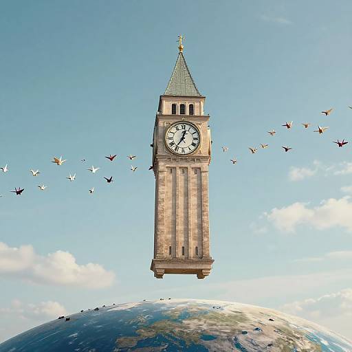 Photograph of Big Ben clock tower floating above Earth, surrounded by flying birds against a clear blue sky.