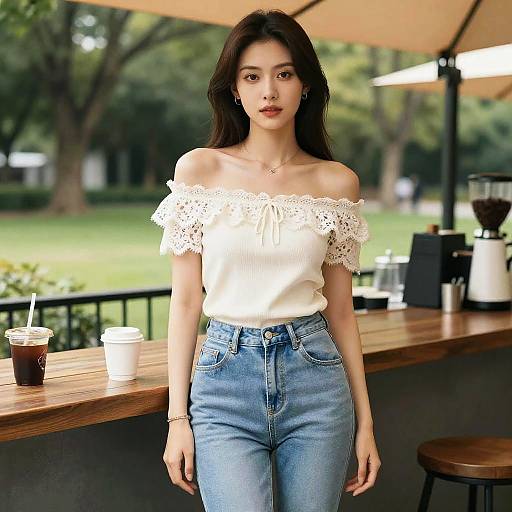 Photograph of an Asian woman with long dark hair, wearing an off-shoulder white lace top and high-waisted blue jeans, standing at