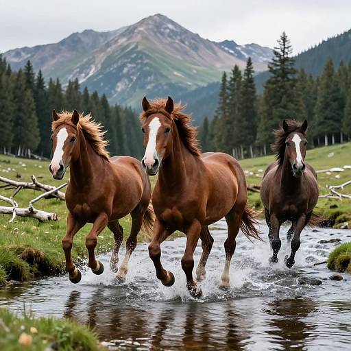 Three horses gallop through a shallow stream in a lush, mountainous forest, with trees and a distant mountain range in the background. Photograph.