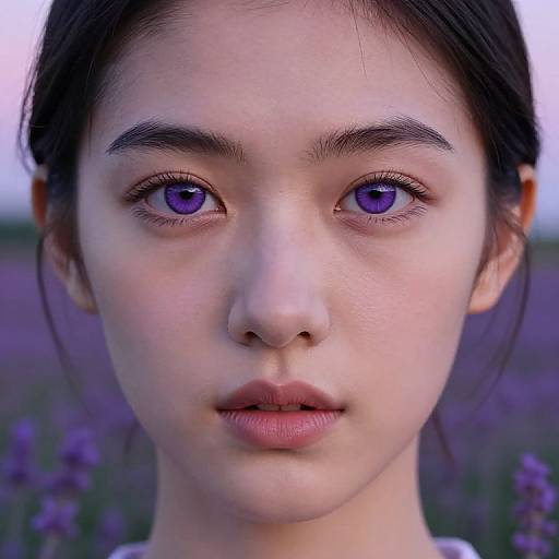 Close-up photograph of an Asian woman with striking purple eyes, fair skin, and dark hair, set against a blurred lavender field.