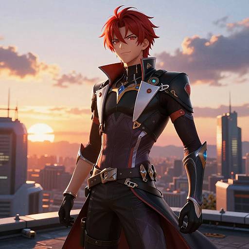 Digital anime-style drawing of a red-haired, blue-eyed male character with black and silver armor, standing confidently on a rooftop at sunset, cityscape in