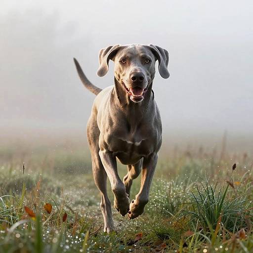 Weimaraner Running in Misty Field