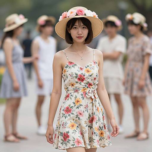 Photograph of an Asian woman in a floral sundress and straw hat, standing in a blurred outdoor park with other women in summer dresses and hats.