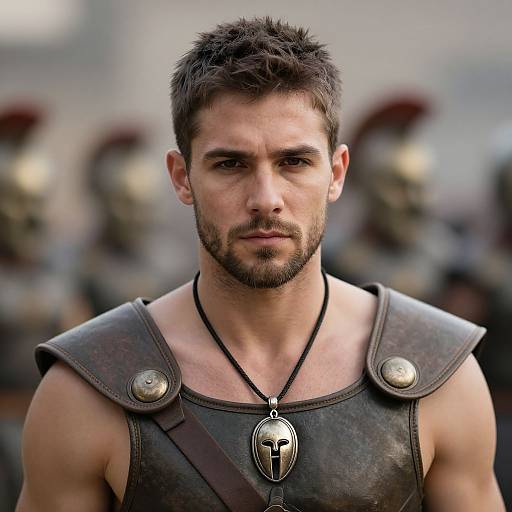 Photograph of muscular, bearded man with short brown hair, wearing bronze shoulder armor, black leather vest, and pendant with ancient symbol, in front