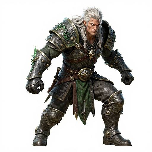 Digital art of a muscular, white-haired warrior with intricate dark armor, green sash, and metallic shoulder plates, standing in a fierce stance.