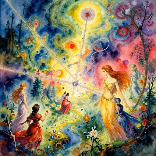 Vibrant, surreal digital painting of ethereal women in flowing dresses, surrounded by colorful swirling lights, flowers, and trees in a mystical forest.