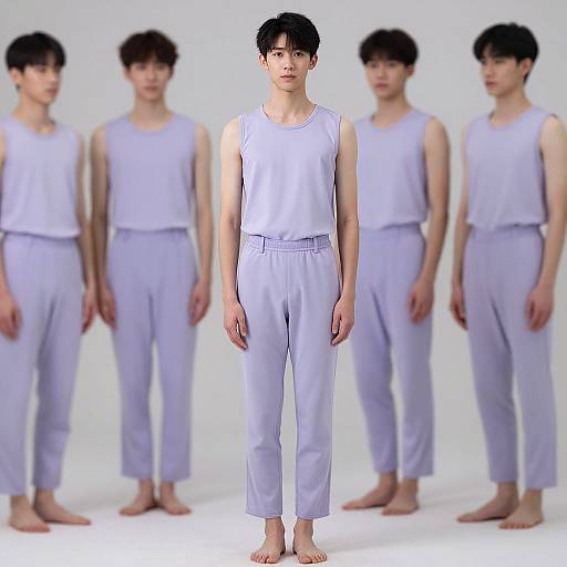 Photograph of five young Asian men in white sleeveless tops and pants, standing barefoot in a white studio, with one in focus in the center