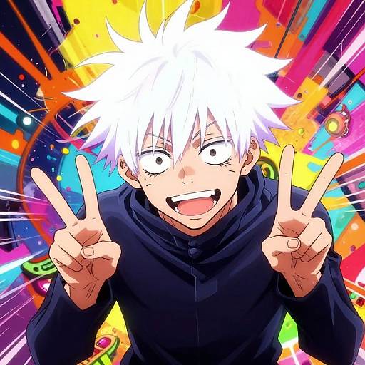 Anime-style digital drawing of a white-haired boy with spiky hair, wearing a black hoodie, grinning widely, and making double peace signs against a