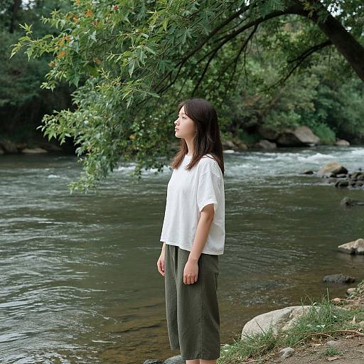 Photograph of an Asian woman with long black hair, wearing a white shirt and olive green pants, standing by a flowing river with lush green trees in