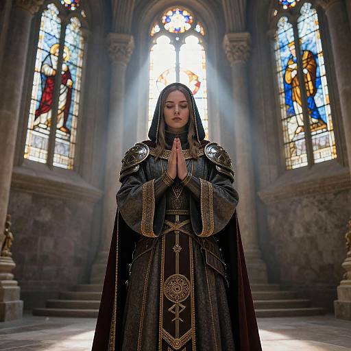 Photorealistic digital art of a solemn young woman in ornate, dark medieval robe with hood, praying in a sunlit, stained-glass cathedral