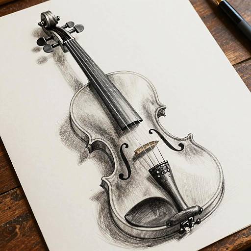 Black and white pencil drawing of a violin on white paper, with detailed shading and realistic texture, placed on a wooden surface.