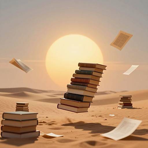 Surreal Desert with Floating Books