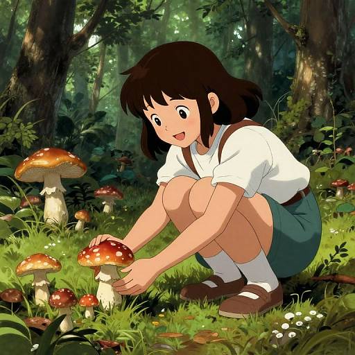 Anime-style illustration of a cute girl with brown hair, white shirt, and green skirt, squatting in a forest, touching a red-capped mushroom