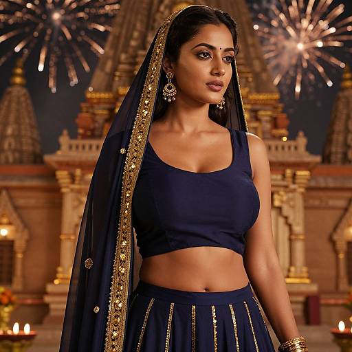 Photograph of a beautiful South Asian woman in a navy blue traditional outfit with gold embroidery, veil, and jewelry, standing in front of a brightly lit